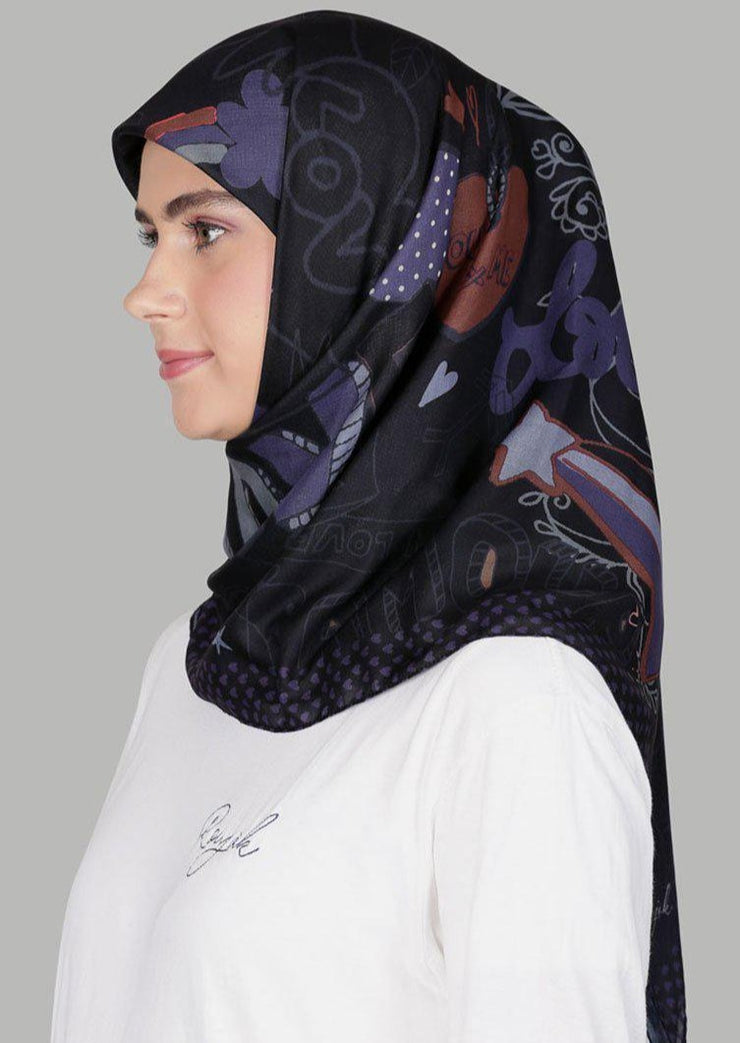 Hijab segi empat Love in Paris Graffiti Violet Noir, jilbab Street Style, Roujak Paris, Premium voal